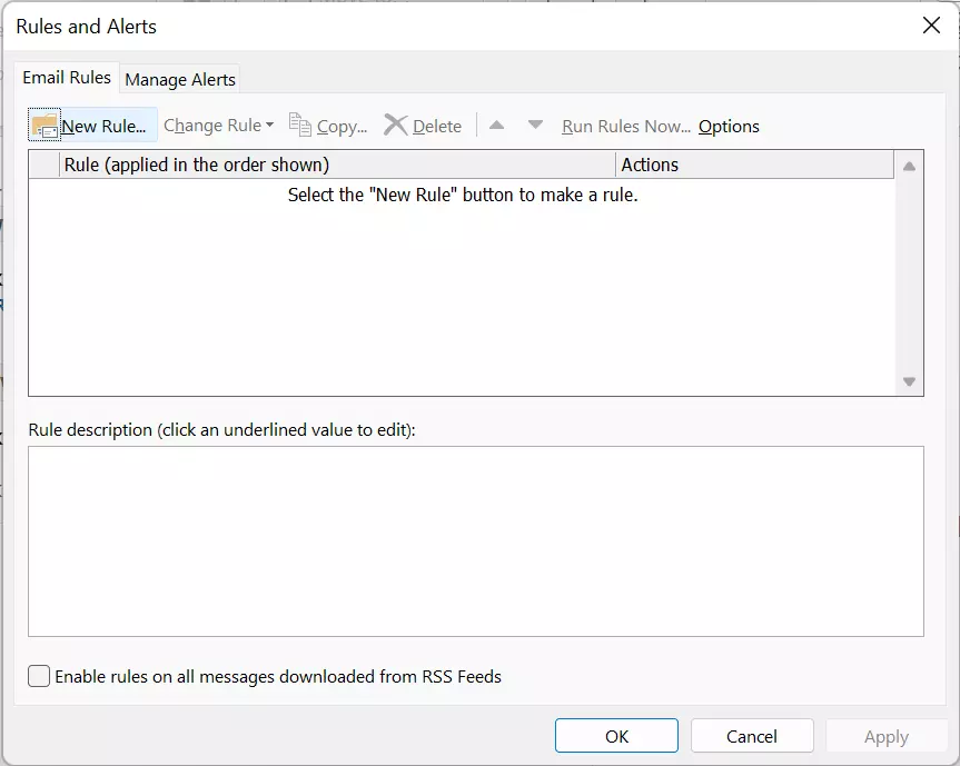 Outlook 365: Rules and Alerts dialogue window