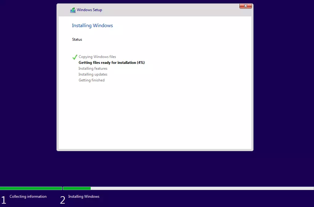 Progress bar ‘Windows is being installed’