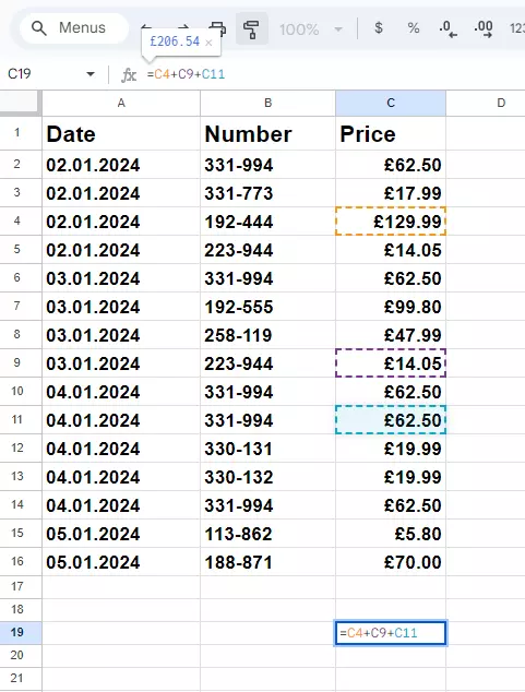 Screenshot of an formula using addition in Google Sheets