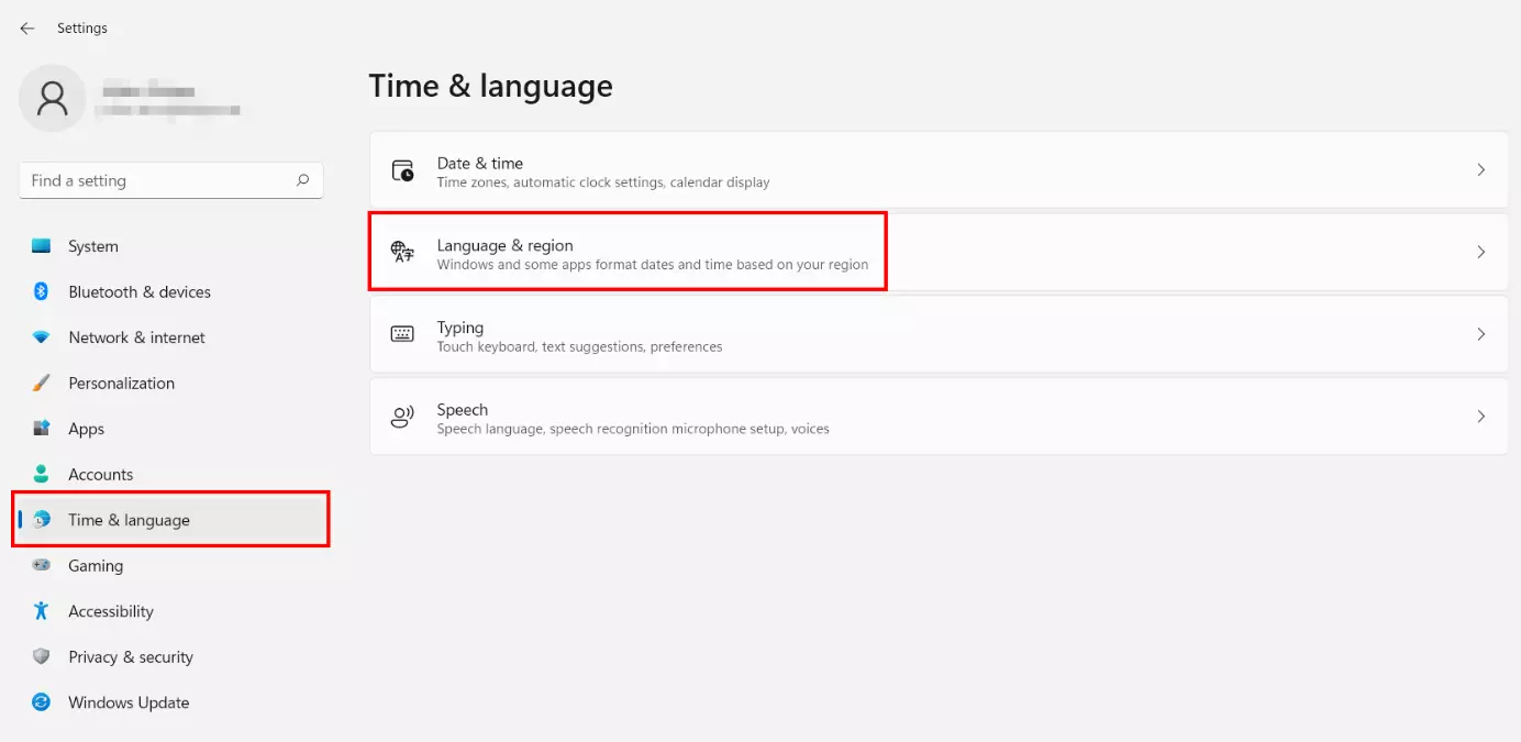 Windows 11: ‘Language & region’ menu in Settings