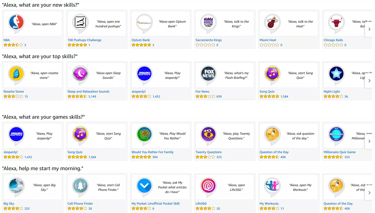 Screenshot of the Alexa Skills homepage on amazon.com