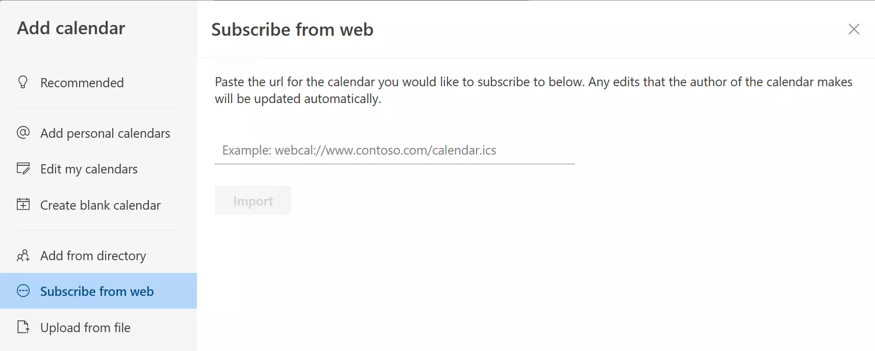 Outlook on the web: Add a calendar via the web