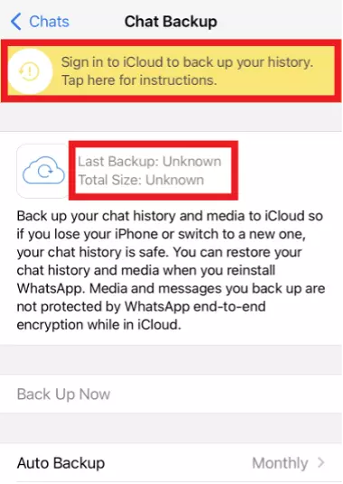 iPhone screenshot of WhatsApp’s 'Chat Backup' section with a yellow box indicating a required iCloud login