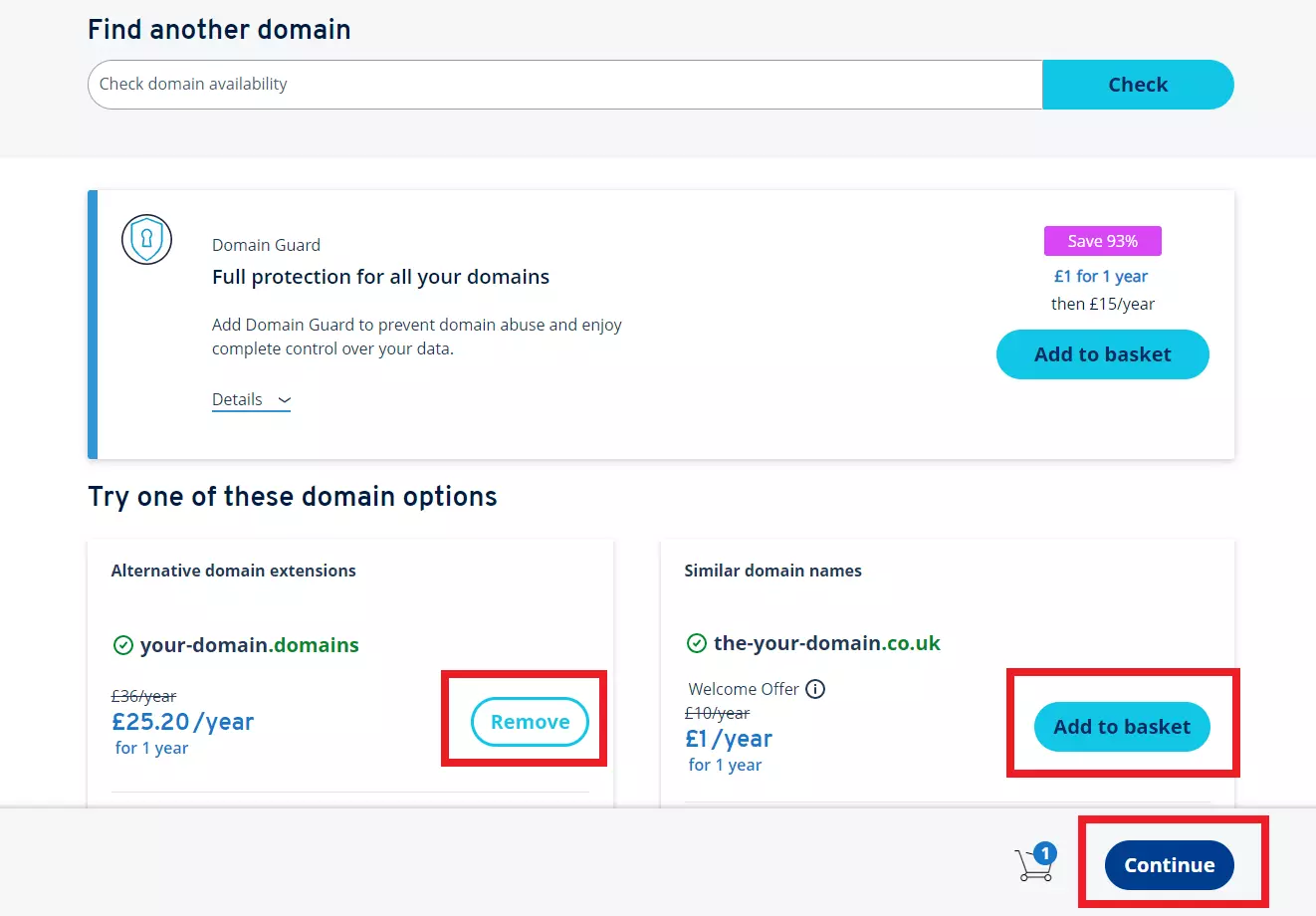 IONOS: selecting a domain for purchase