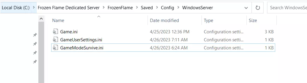 Frozen Flame: Dedicated server folder with configuration files