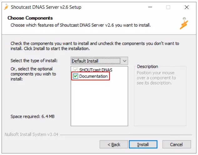 Screenshot of the Shoutcast server installation process.