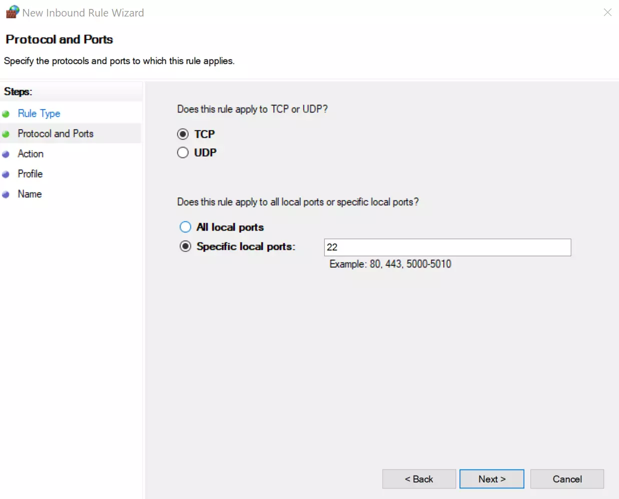 Windows Defender Firewall: setting SSH port 22