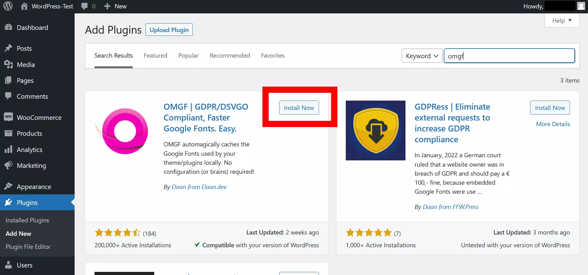 Screenshot of the OMGF plugin under ‘Add Plugins’ on WordPress