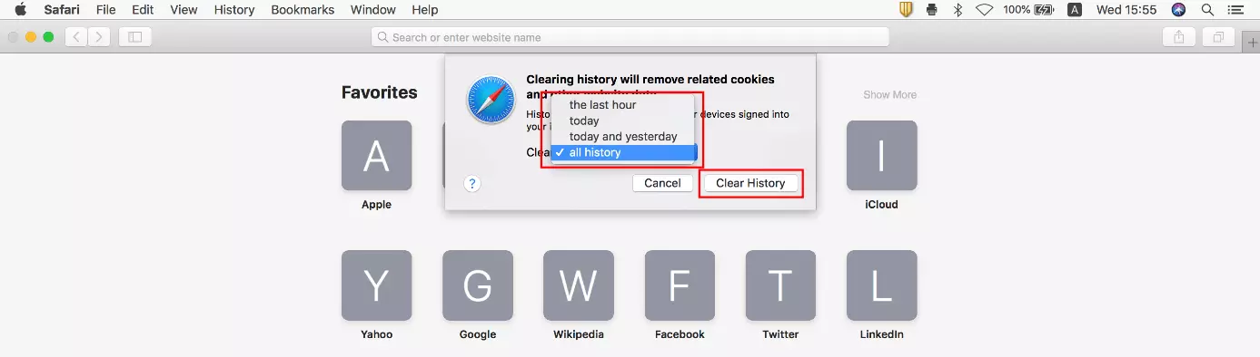 Safari browser: “Clear History” dialogue box in macOS