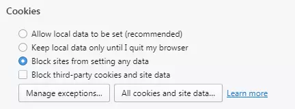 Opera: cookies settings