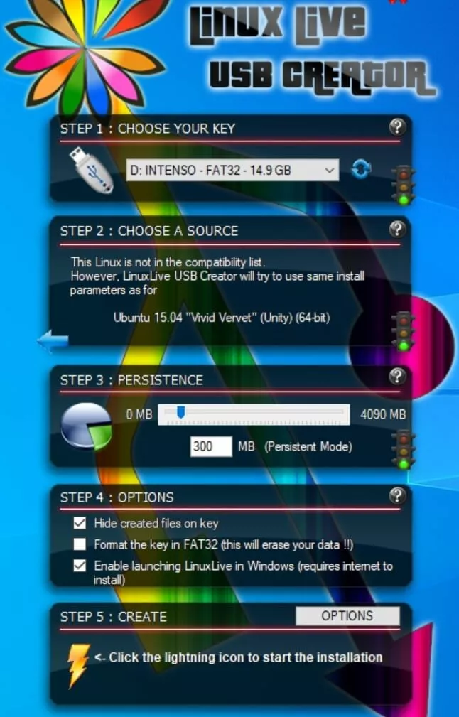 Step 3 – Setting the persistence in LinuxLive USB Creator