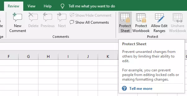 Menu: ‘Review’ > ‘Protect Sheet’