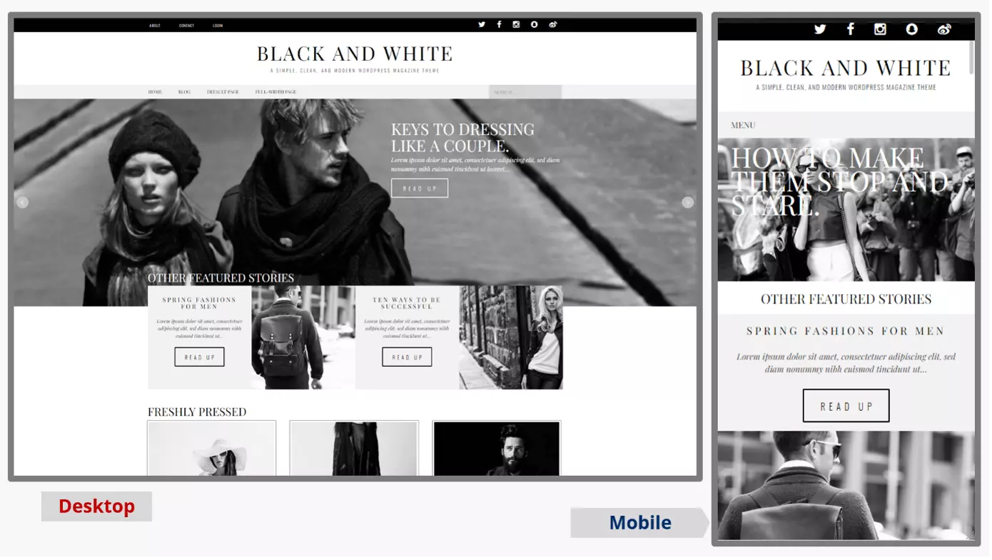 Mobile and desktop screenshots of the WordPress blog theme Black and White