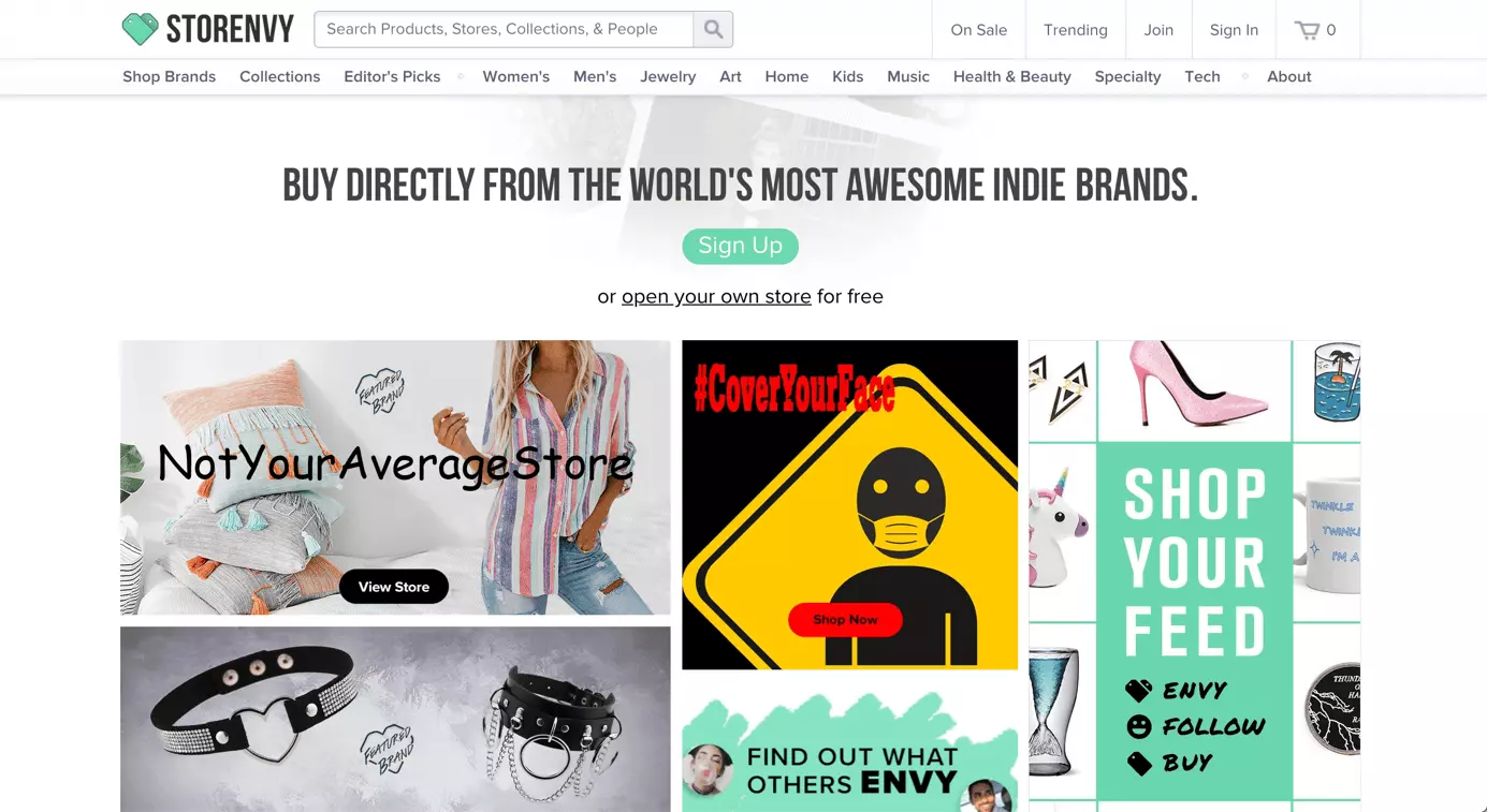 Homepage of Storenvy