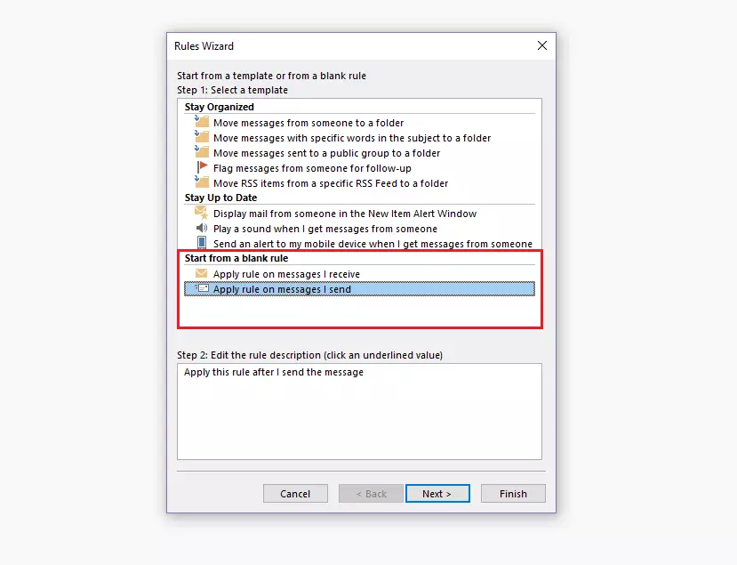 Outlook Rules Wizard: rule selection