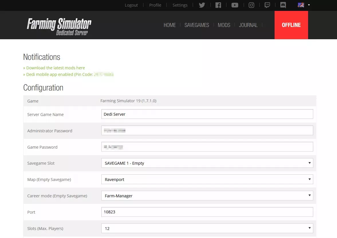 The admin area of the FS19 server in the web GUI