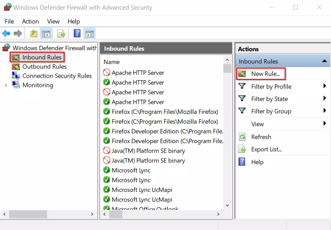 Windows Defender Firewall: add inbound rules