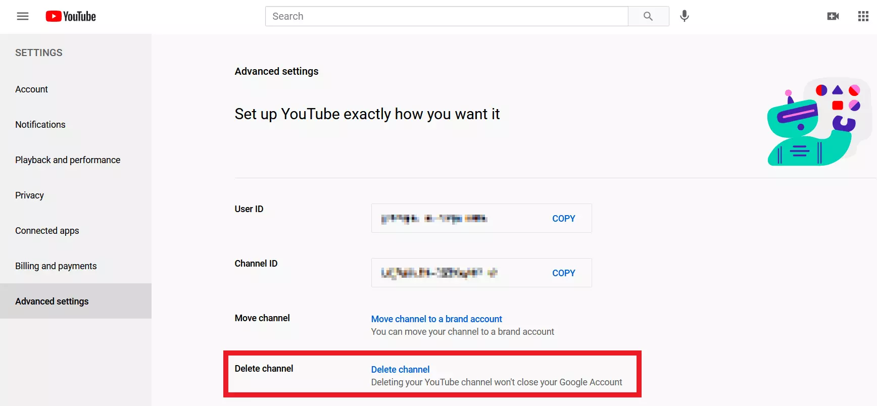 ‘Delete channel’ in ‘Advanced settings’ in YouTube