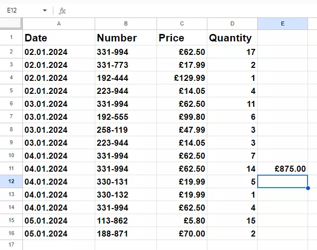 Screenshot after multiplying in Google Sheets