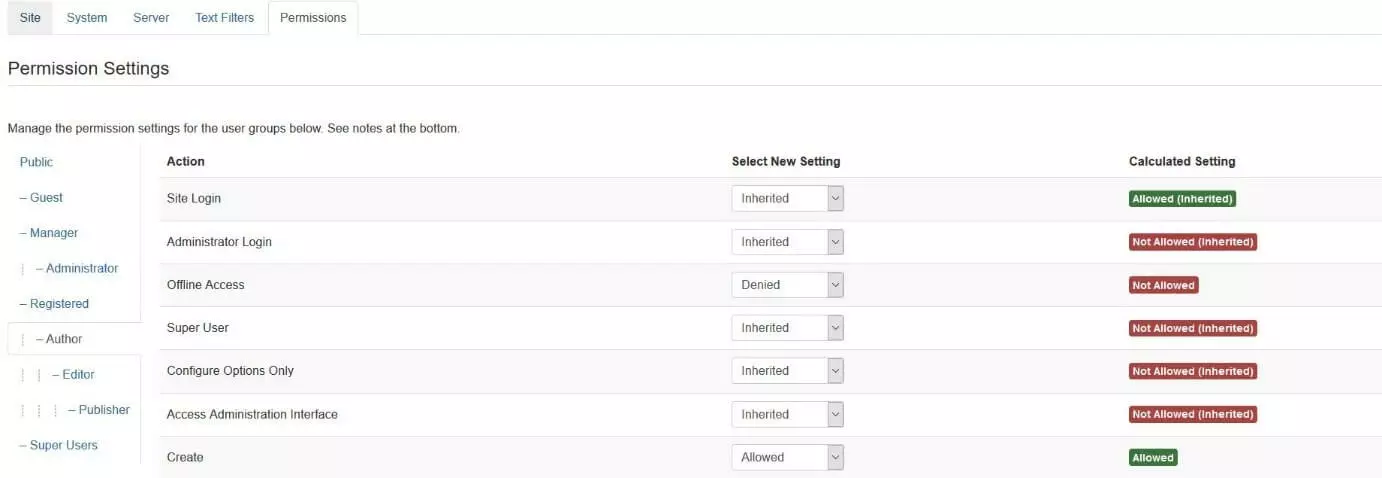 Joomla!: Permission settings for user groups