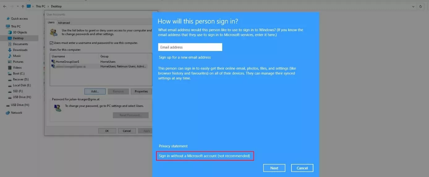 Windows 10: Password settings and “Add account” dialogue