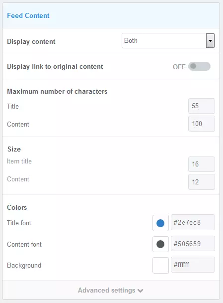 FeedWind configuration menu for the customisation of content