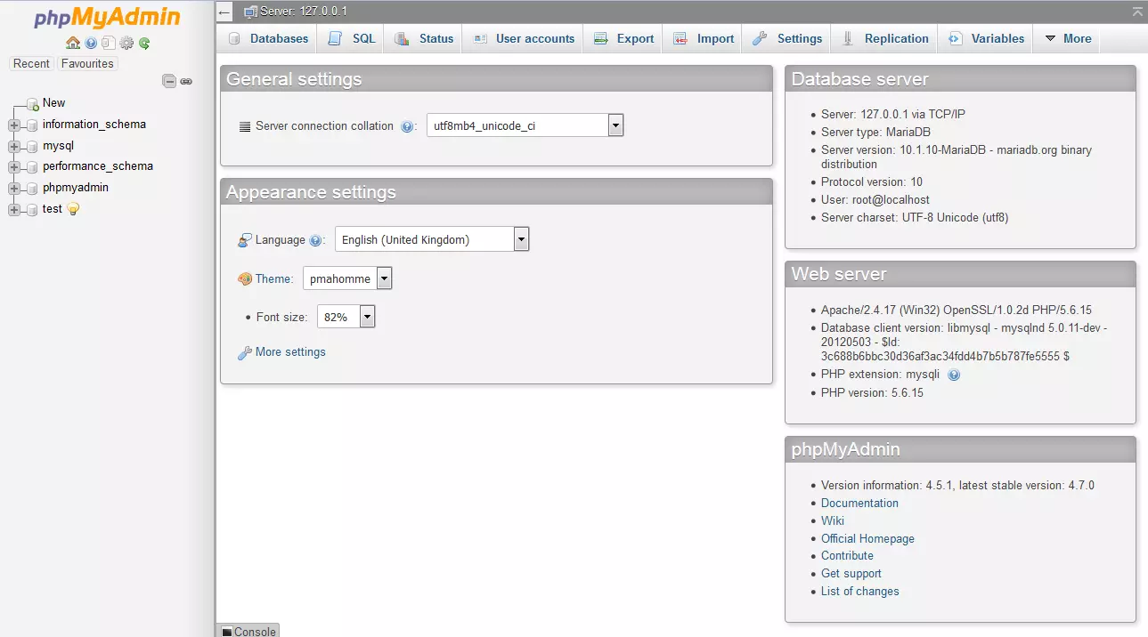 Admin interface of phpMyAdmin