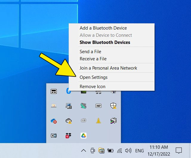 Windows 10 screenshot: ‘Open Settings’ context menu item