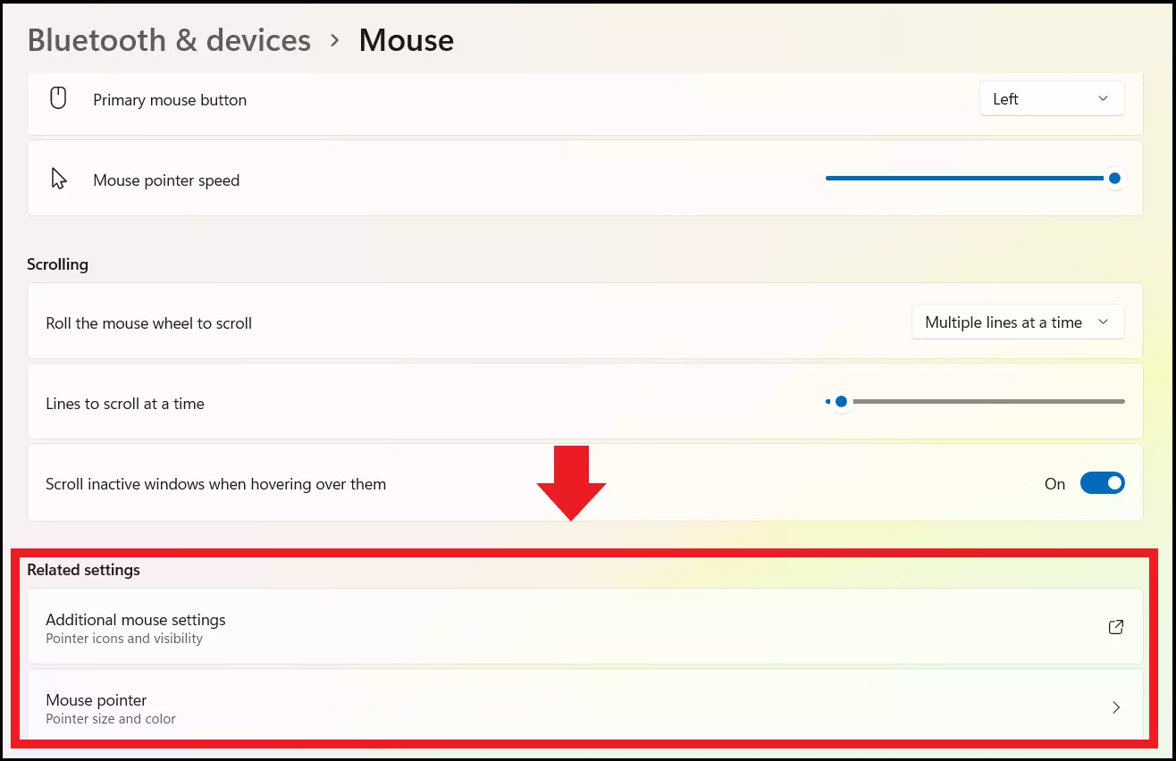 The ‘Additional mouse settings’ and ‘Mouse pointer’ menus in the ‘Related settings’ menu of pointer settings