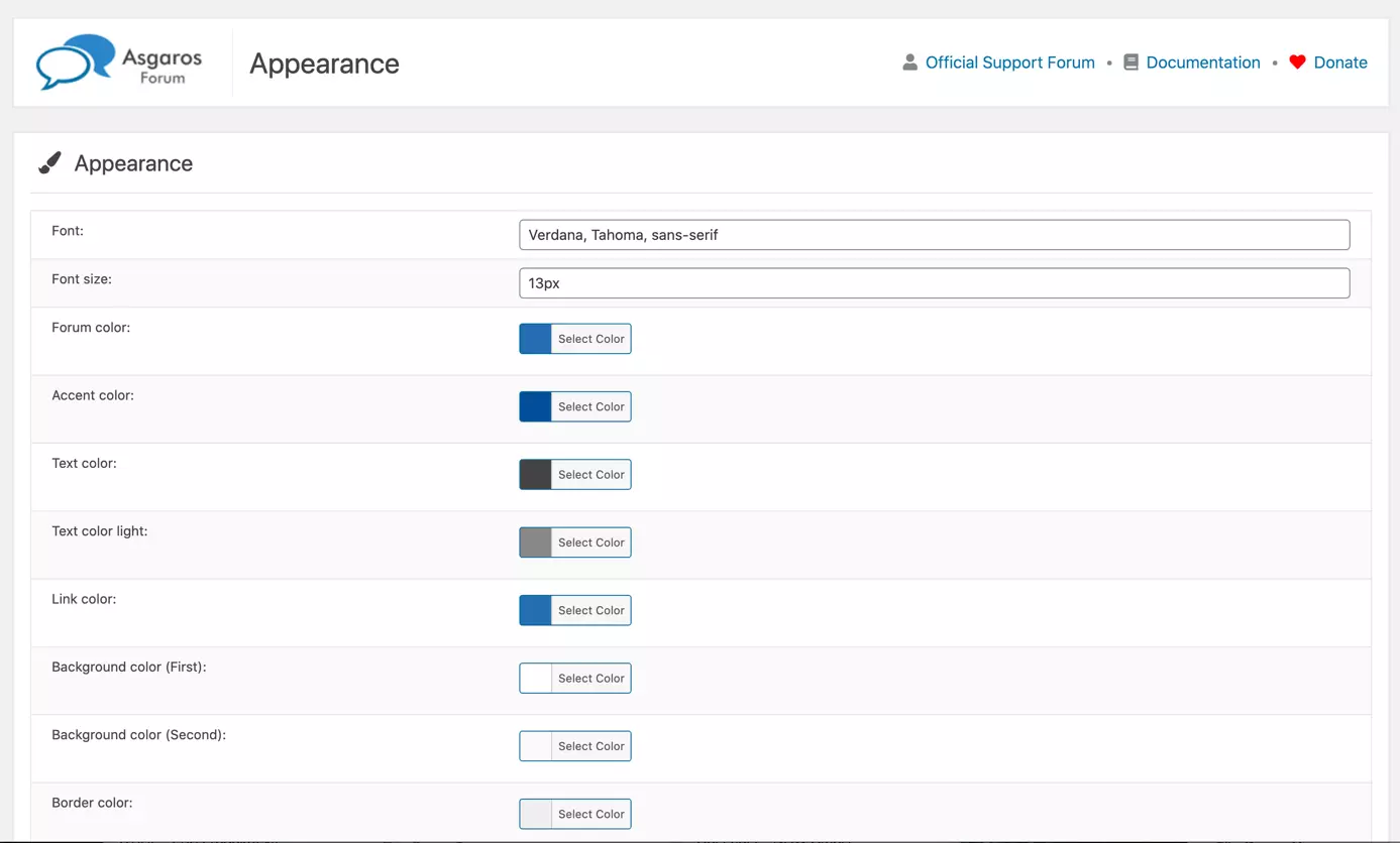 Admin area settings for the design of Asgaros Forum