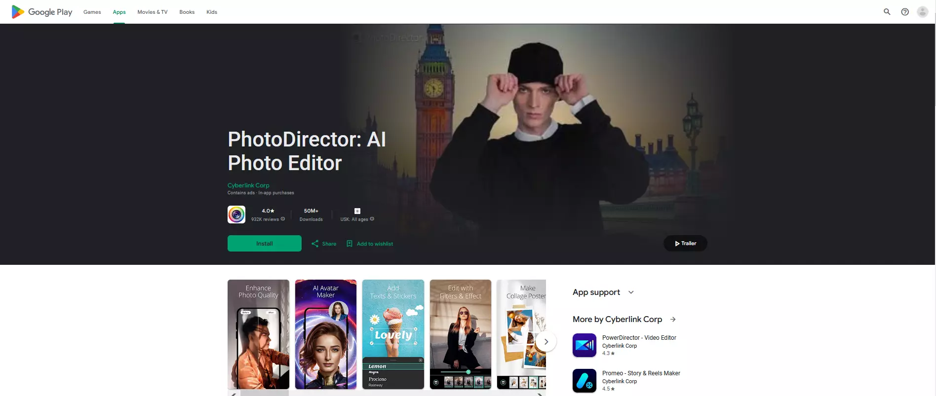 Screenshot of CyberLink PhotoDirector page on Google Play’s website