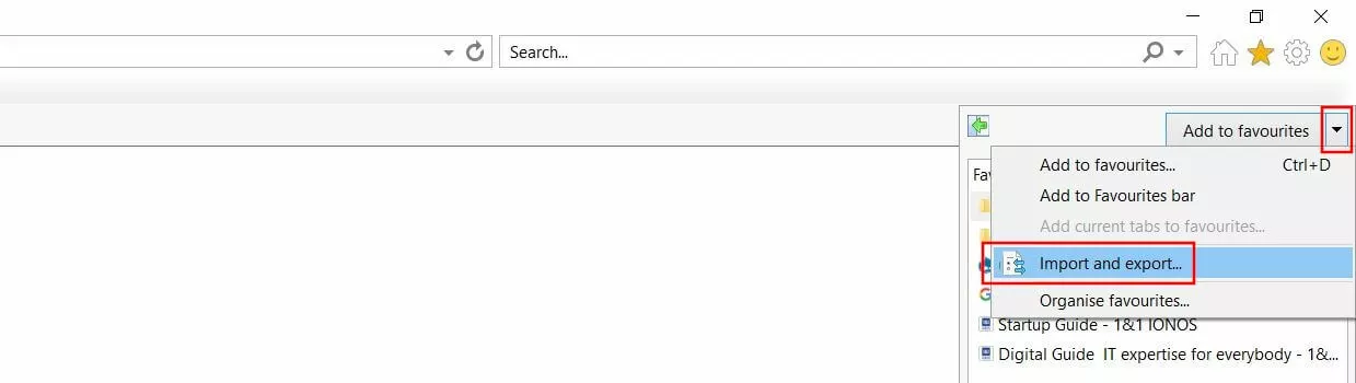 “Favourites” menu: Internet Explorer 11