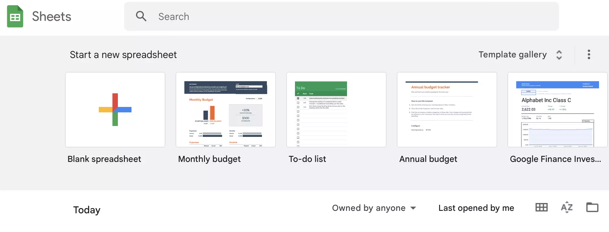 Screenshot of different format templates for Google Sheets spreadsheets