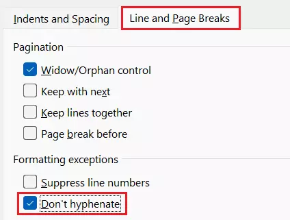 Word: Turn off hyphenation for certain paragraphs