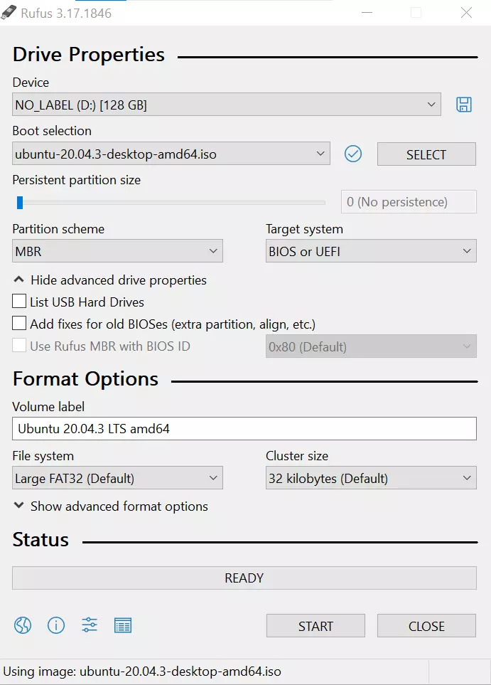 Interface of the Rufus software