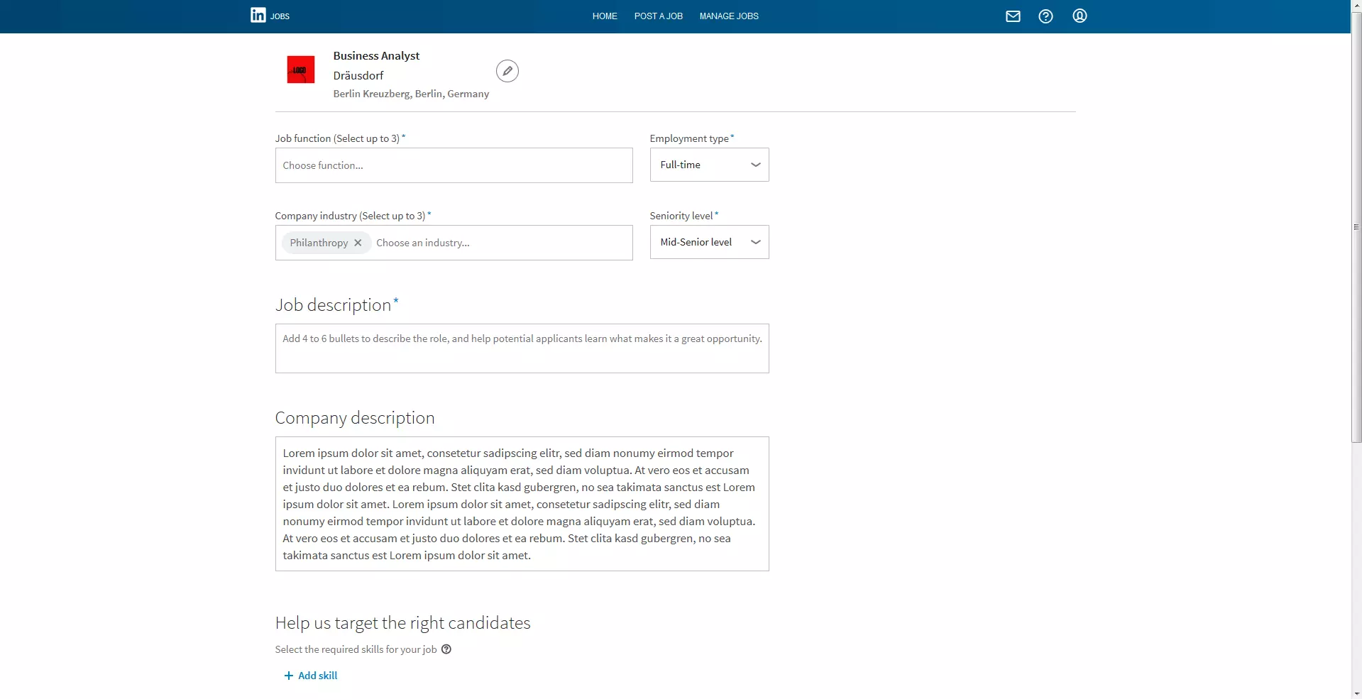 Job description in edit mode on LinkedIn