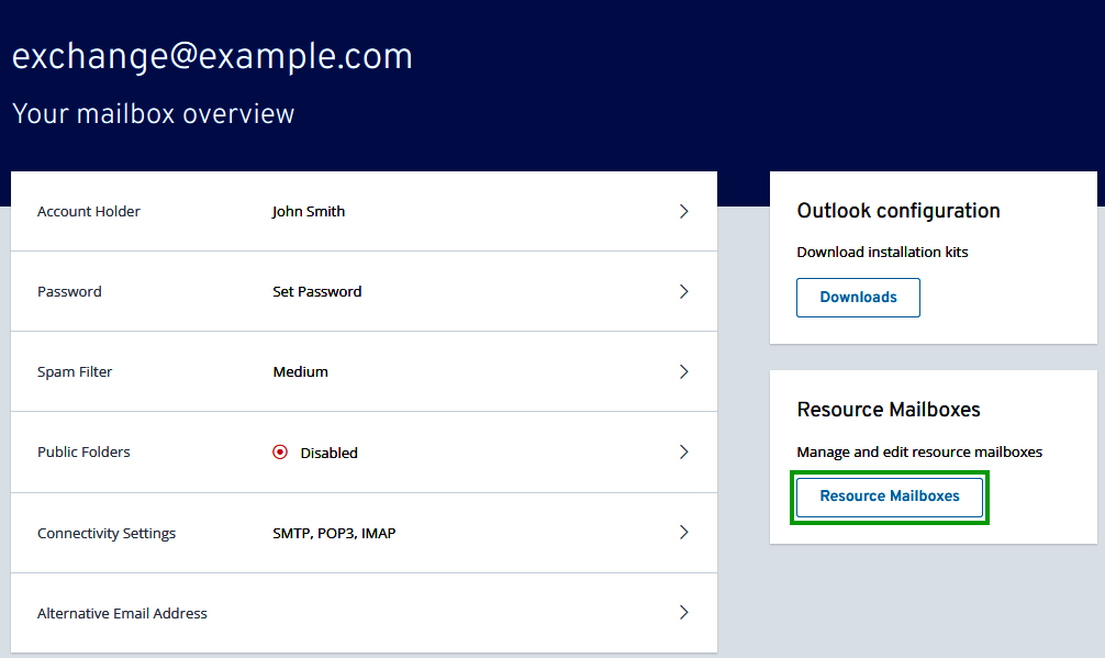 The Microsoft Exchange Administration tool with the Resource Mailboxes button highlighted.