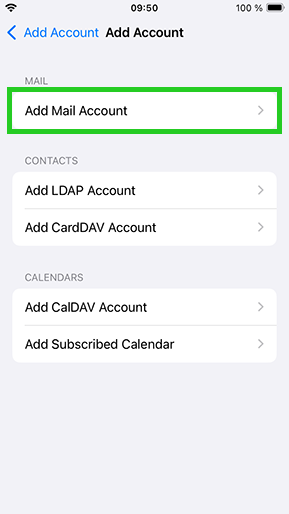 iPhone Add mail account menu