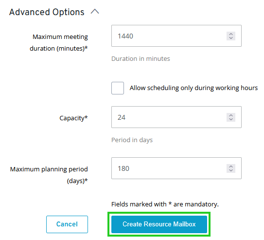 In the Advanced Options section of the Microsoft Exchange Administration tool with the Create Resource Mailbox button highlighted.