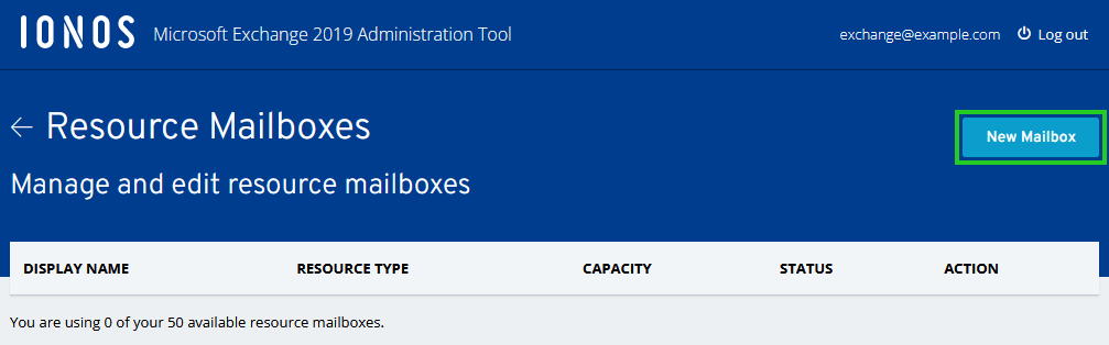 The Resource Mailboxes page with the New Mailbox button highlighted.