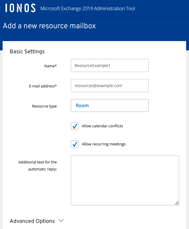 The Add a new resource mailbox page.