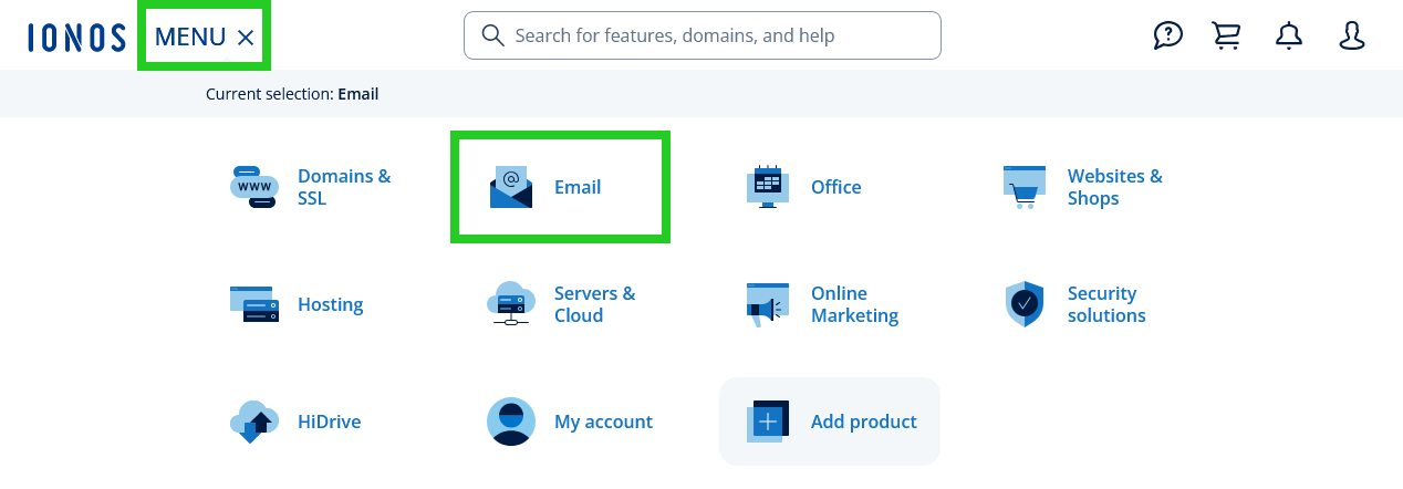 The IONOS account with the Email tile highlighted within the Menu.