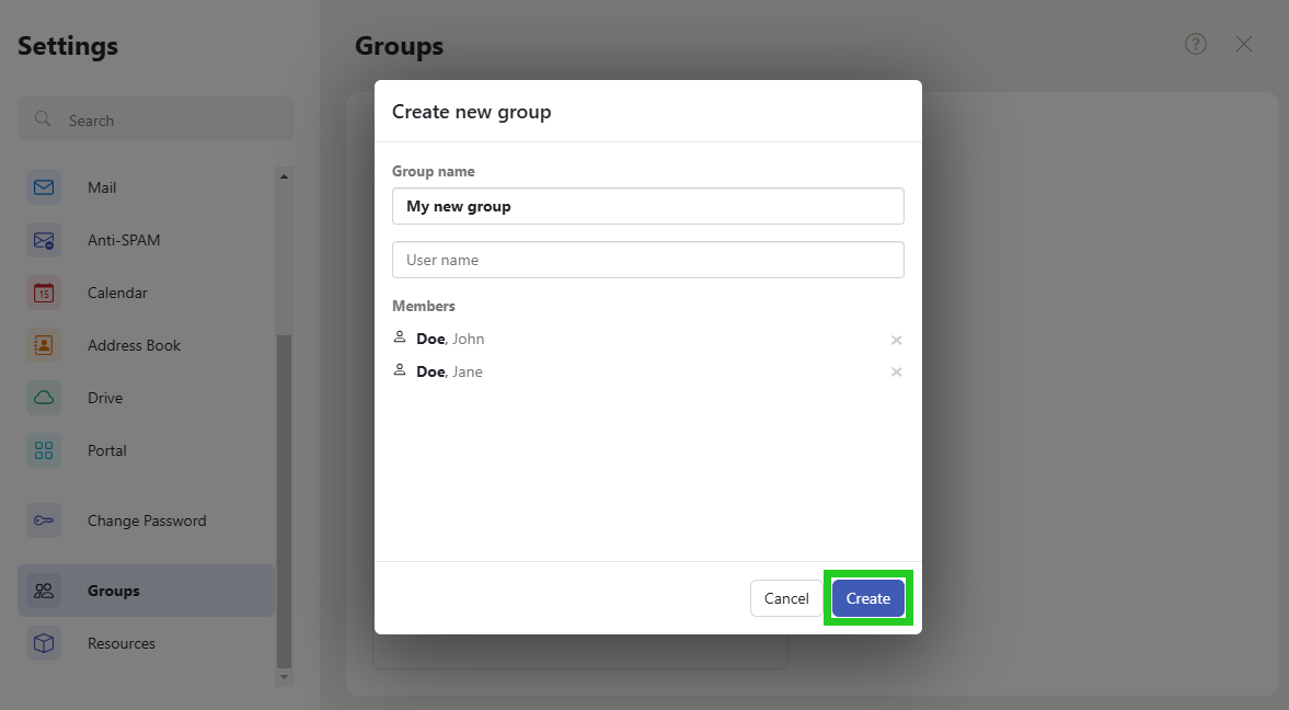 The Mail Business webmail interface, within the 'Create new group' window