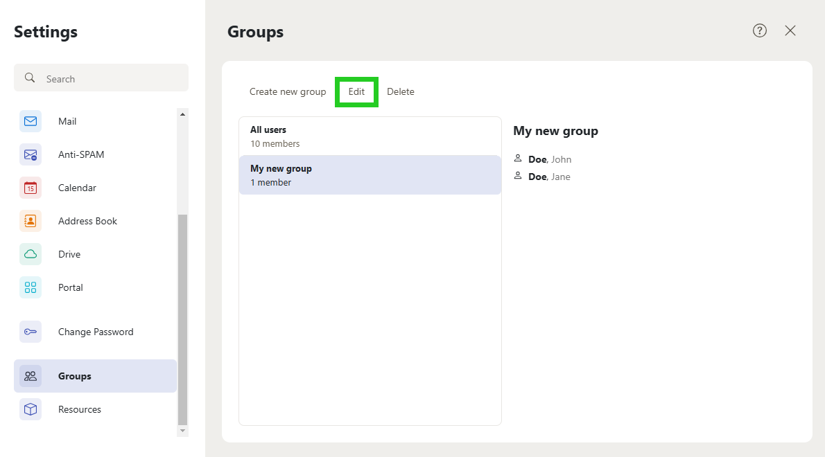 The Mail Business webmail interface, within Groups settings with Edit highlighted