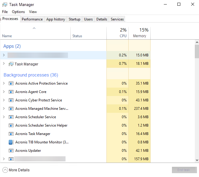 A screenshot of the 'Processes' tab in Windows Task Manager