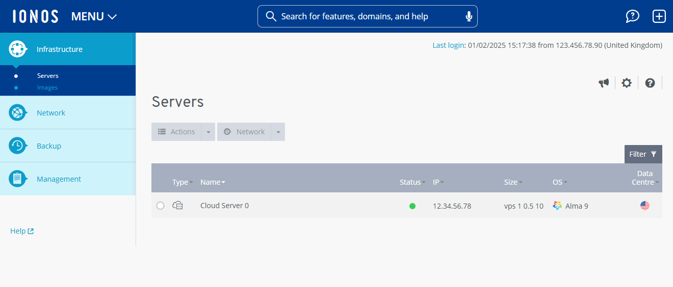 Screenshot of the Server section in the Cloud Panel. The navigation bar on the left displays the categories Infrastructure, Network, Backup, and Management.