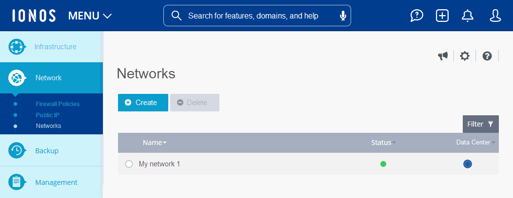 Screenshot of the Network > Networks section in the Cloud Panel. In this section, the Create and Delete buttons are displayed under the heading. Below this, a table is displayed with the key information for the individual private networks.