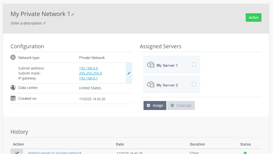 Screenshot of further detailed information about a private network. This information is displayed below the table after selecting a private network.