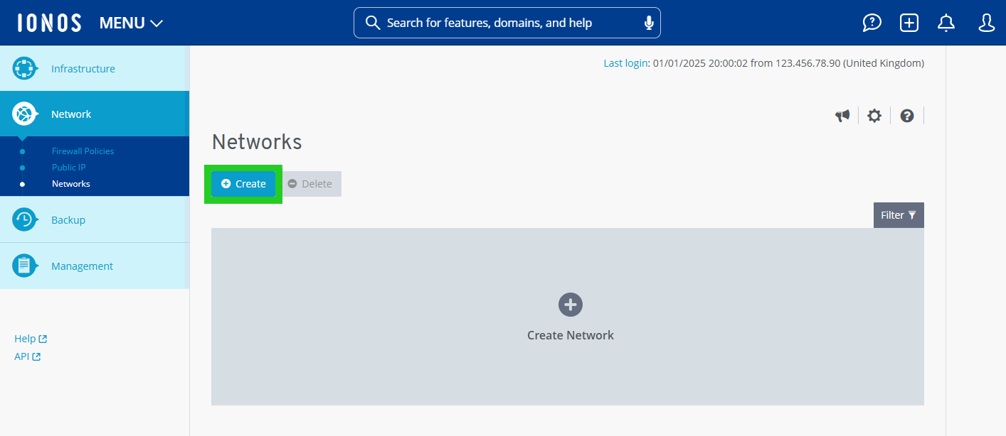 Screenshot of the Network > Networks section. In this section, the Create button is highlighted, which is displayed below the Networks heading.