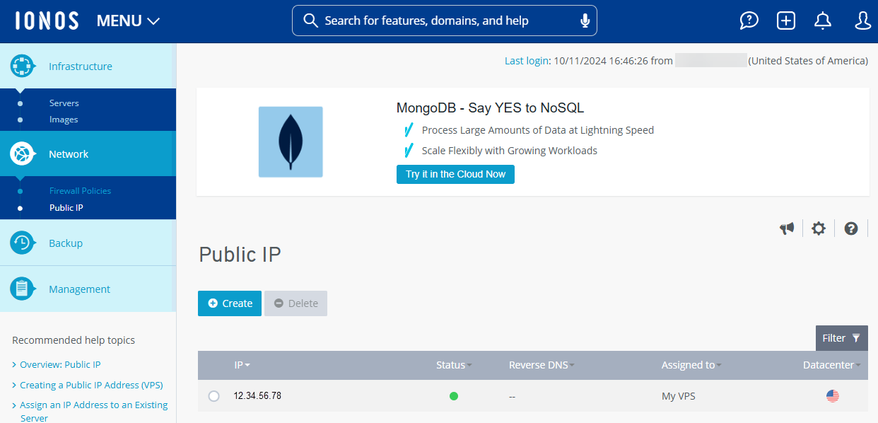 A screenshot of the 'Public IP' section within the IONOS Cloud Panel